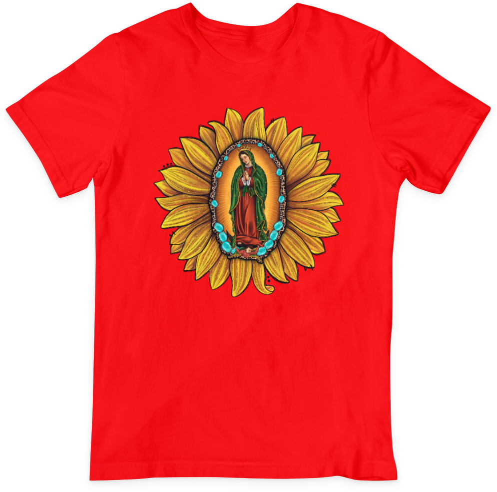 VIRGEN DE GUADALUPE EN GIRASOL unisex camiseta de manga corta Sunflower short sleeve T-shirt