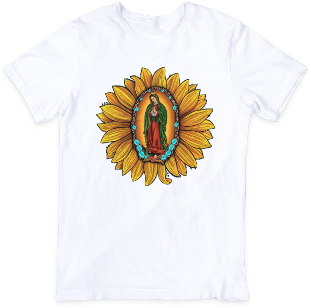 VIRGEN DE GUADALUPE EN GIRASOL unisex camiseta de manga corta Sunflower short sleeve T-shirt